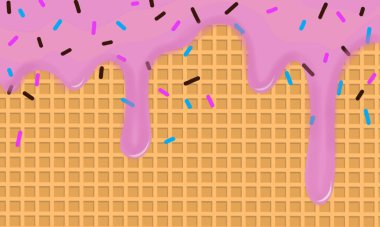 Damlayan Pembe Cam ve Wafer desenli Dondurma Konisi Vektör İllüstrasyonu. Soyut Gıda Arkaplan Tasarımı.
