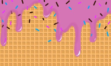 Damlayan Pembe Cam ve Wafer desenli Dondurma Konisi Vektör İllüstrasyonu. Soyut Gıda Arkaplan Tasarımı.