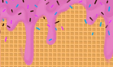 Damlayan Pembe Cam ve Wafer desenli Dondurma Konisi Vektör İllüstrasyonu. Soyut Gıda Arkaplan Tasarımı.