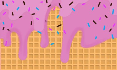 Damlayan Pembe Cam ve Wafer desenli Dondurma Konisi Vektör İllüstrasyonu. Soyut Gıda Arkaplan Tasarımı.