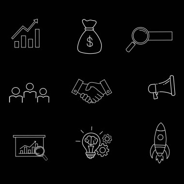 Moda tarzı iş dünyası, ekommerce, finans, muhasebe Büyük küme Simgeler koleksiyonu Vektör illüstrasyonunda simgeler