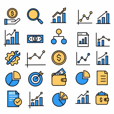 Moda tarzı iş dünyası, ekommerce, finans, muhasebe Büyük küme Simgeler koleksiyonu Vektör illüstrasyonunda simgeler