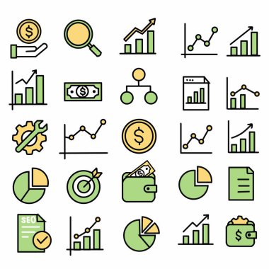 Moda tarzı iş dünyası, ekommerce, finans, muhasebe Büyük küme Simgeler koleksiyonu Vektör illüstrasyonunda simgeler