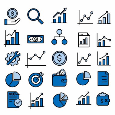 Moda tarzı iş dünyası, ekommerce, finans, muhasebe Büyük küme Simgeler koleksiyonu Vektör illüstrasyonunda simgeler