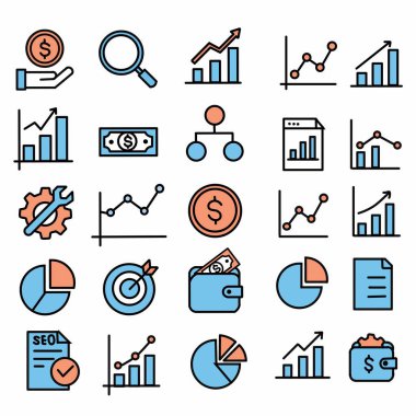 Moda tarzı iş dünyası, ekommerce, finans, muhasebe Büyük küme Simgeler koleksiyonu Vektör illüstrasyonunda simgeler
