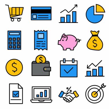 Moda tarzı iş dünyası, ekommerce, finans, muhasebe Büyük küme Simgeler koleksiyonu Vektör illüstrasyonunda simgeler