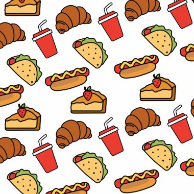 Dikişsiz desen arka plan gıda ve madde çocuklar çizim set illüstrasyon izole beyaz arka plan üzerinde el