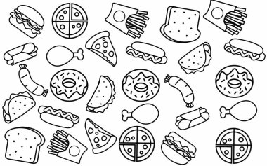 Dikişsiz desen arka plan gıda ve madde çocuklar çizim set illüstrasyon izole beyaz arka plan üzerinde el