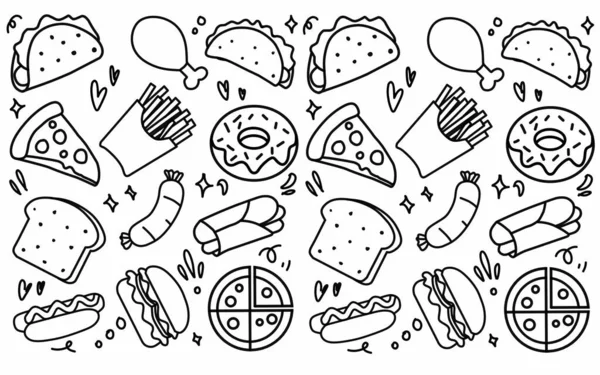 Dikişsiz desen arka plan gıda ve madde çocuklar çizim set illüstrasyon izole beyaz arka plan üzerinde el