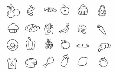 Sağlıklı yiyecekler için meyve ve sebze ikonları.