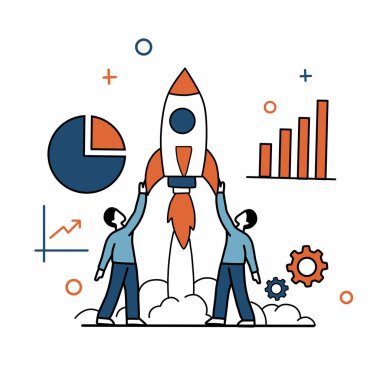 Girişim ve büyüme vektörü çizimi. Ekip üyeleri tarafından fırlatılan bir roket
