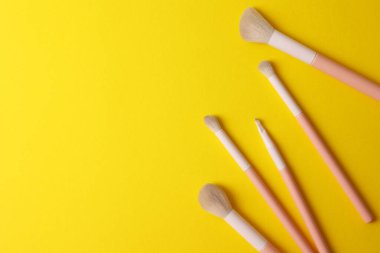 Üst Görünüm Makyaj Fırçaları Işık Arkaplanda, Yumuşak Pembe Kollar ve Minimalist Sıralı Doğal Tüyler