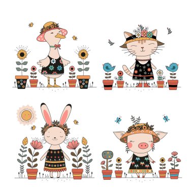 Bir grup sevimli hayvan karakteri ördek, kedi, tavşan ve çiçek gibi giyinmiş ve bahçeler, çiçekler ve minik kuşlarla çevrili bir domuz. Yumuşak renkler, rahat bir hava, çocuklar için mükemmel.