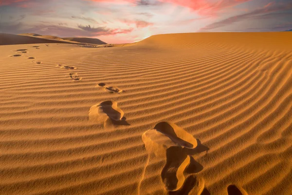 Zonsondergang boven voetafdrukken in het zand, Sahara - Erg Chebbi, Marokko — Stockfoto