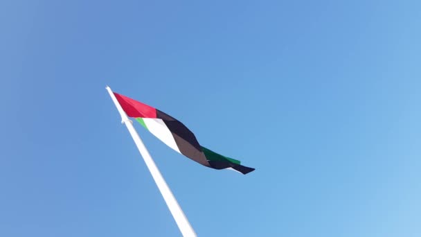 UAE flag waving in the sky, national symbol of UAE. UAE National Day. UAE flag day. — Stok video