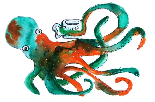 Octopus Met Een Kop Koffie — Stockfoto
