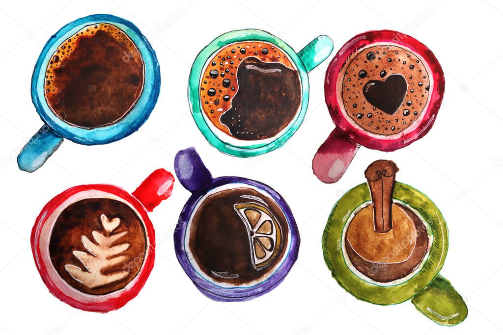 collection of coffee drinks, six mugs