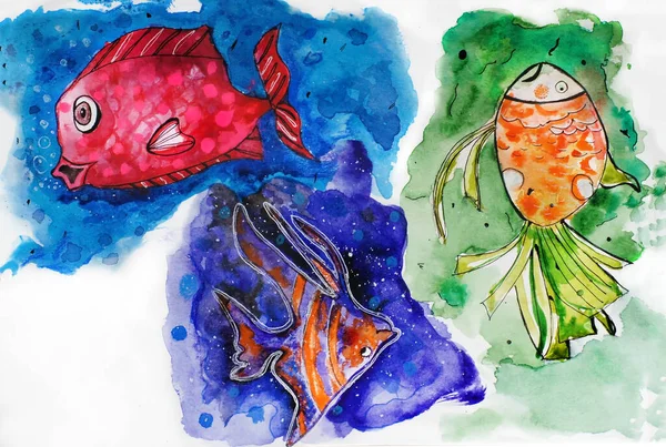 Drie Gekleurde Vissen Een Aquarelachtergrond — Stockfoto
