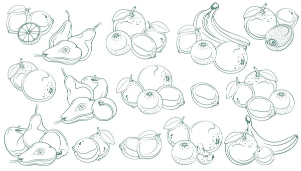 Fruits Illustration seti. Elle çizilmiş elma, armut, muz, kiraz, çilek, erik, kivi, limon ve portakal. Beyaz üzerine çizgi çiziliyor. Egzotik meyveler izole edilmiş
