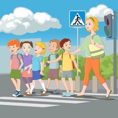 Kids crossing road with teacher clipart