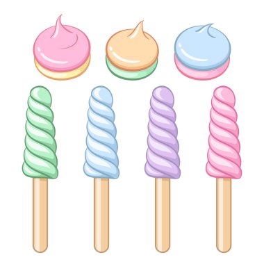Renkli lolipop ve meringues kümesi. Vektör çizim.