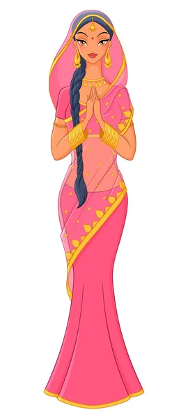Prachtige Indiase meisje in roze traditionele saree. Vector illustra — Stockvector