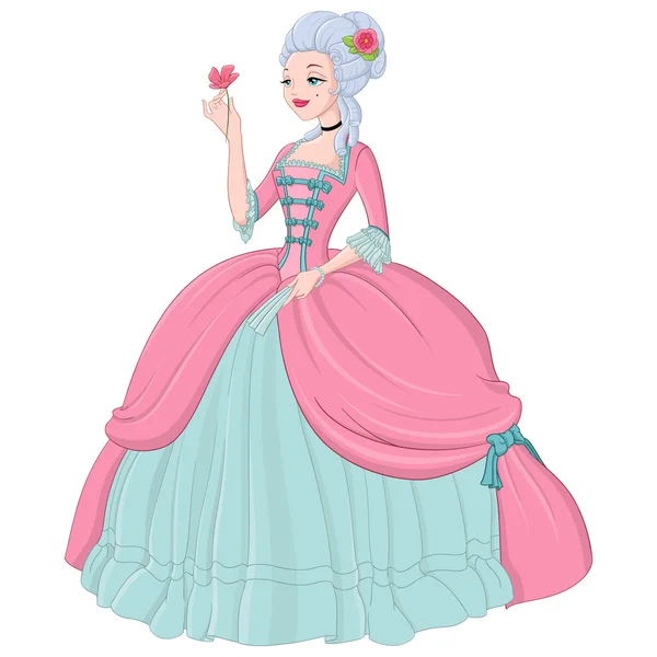 Rococo dame in roze jurk. Vectorillustratie geïsoleerd op wit — Stockvector