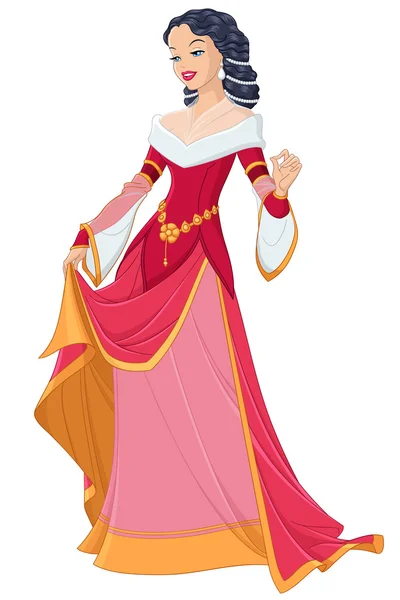 Señora medieval en la ilustración del vector vestido rojo — Vector de stock