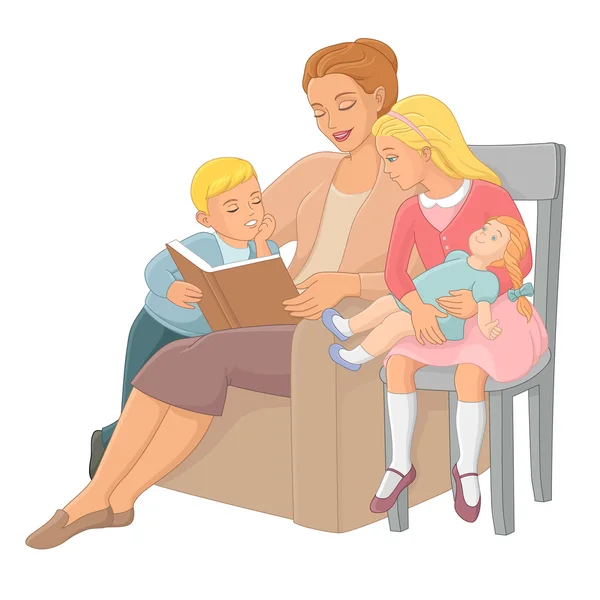 Mère lisant un livre aux enfants. Illustration vectorielle . — Image vectorielle