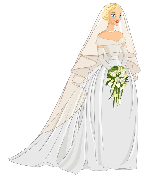 Blonde bruid met sluier en boeket. Vectorillustratie geïsoleerd — Stockvector