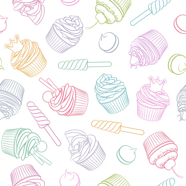 Färgglada linjär cupcake lollipop marshmallow seamless mönster. — Stock vektor