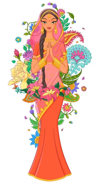 Prachtige Indiase meisje in sari omringd met bloemen en ornamenten. Vectorillustratie geïsoleerd op witte achtergrond. — Stockvector