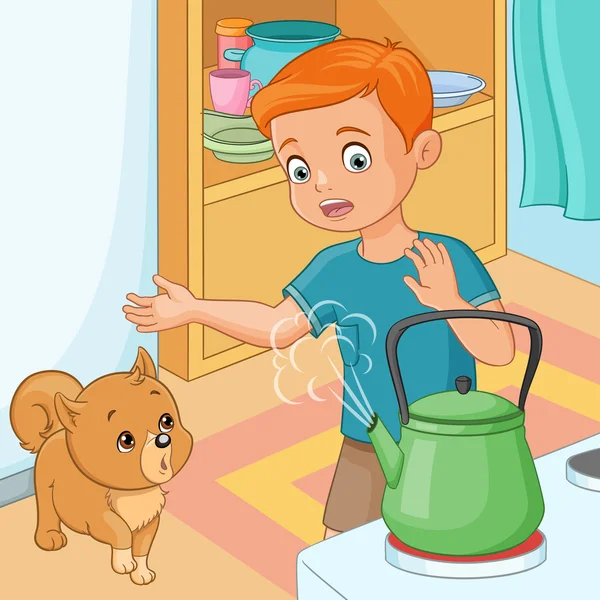 Jeune garçon méfiant de la bouilloire chaude. Illustration vectorielle . — Image vectorielle