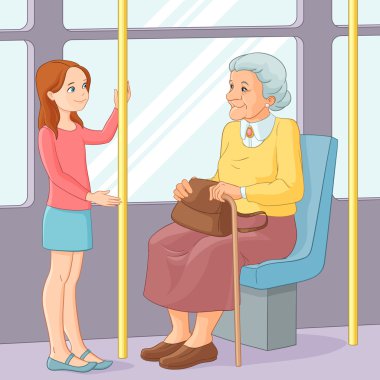 Genç kız yaşlı bir kadın olarak toplu taşıma için bir koltuk sunan. Vektör çizim.