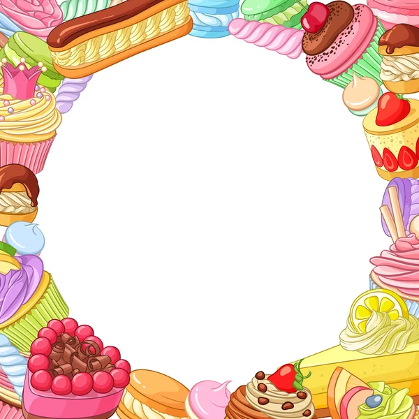 Moldura vetorial redonda com variedade de sobremesas variadas, doces, doces, doces, cupcakes e macarons . — Vetor de Stock