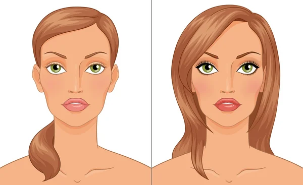 Retrato de mujer antes y después del maquillaje. Ilustración vectorial . — Vector de stock