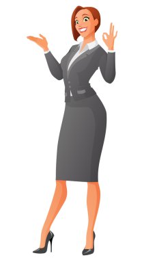 Sunulması ve ok işareti jest gösterilen gülümseyen iş kadını. Vektör çizim.