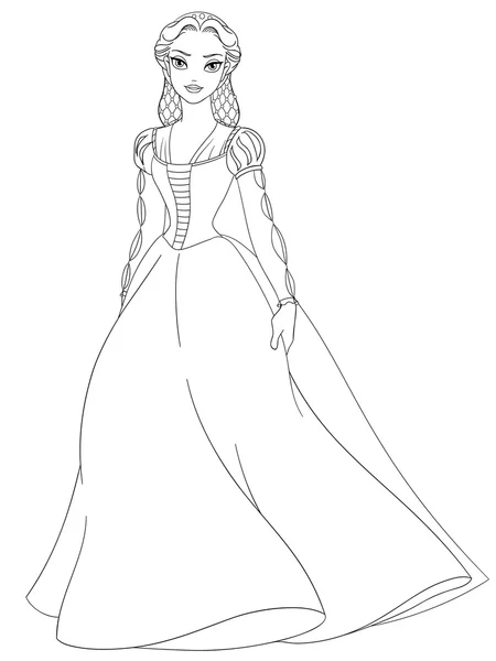 Outlined medieval lady in long dress. Coloring page vector illustration. — Stock Vector