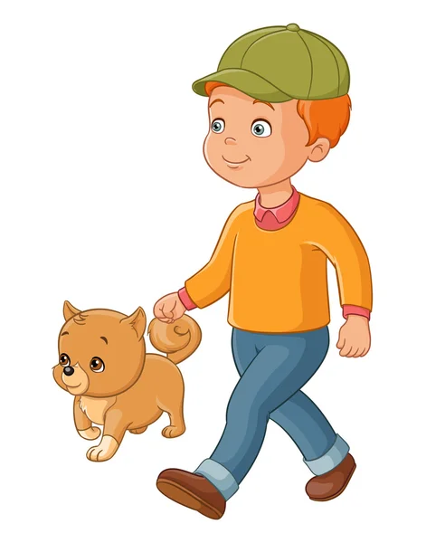 Un chico paseando con el perro. Ilustración vectorial . — Vector de stock