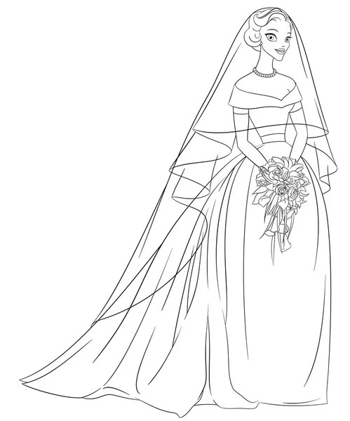 Outlined bride with veil and bouquet. Line art coloring page vector illustration. — Stock Vector