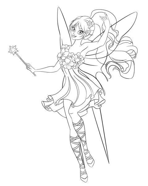 魔法の杖で美しい空飛ぶ妖精。ページのベクター イラストを着色ライン アート. — ストックベクタ