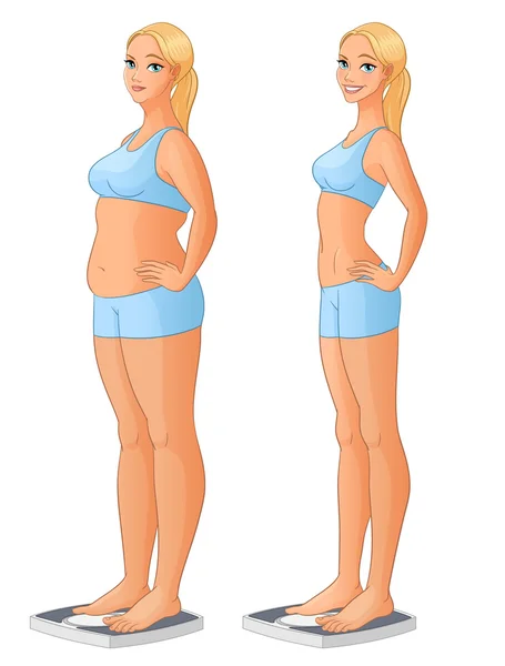 Γυναίκα σε κλίμακα πριν και μετά την απώλεια βάρους. Vector εικονογράφηση. — Διανυσματικό Αρχείο
