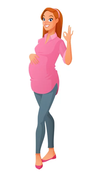 Těhotná žena ukazující ok znamení gesto. Vektorové ilustrace. — Stockový vektor