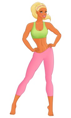 Sportif genç kadın kılığında. Beyaz arka plan üzerinde izole vektör çizim.