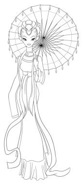 Outlined chinese lady in traditional dress holding umbrella. Col clipart