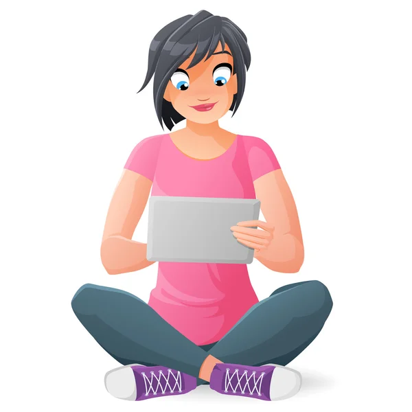 Νεαρή γυναίκα με υπολογιστή tablet. Vector εικονογράφηση. — Διανυσματικό Αρχείο