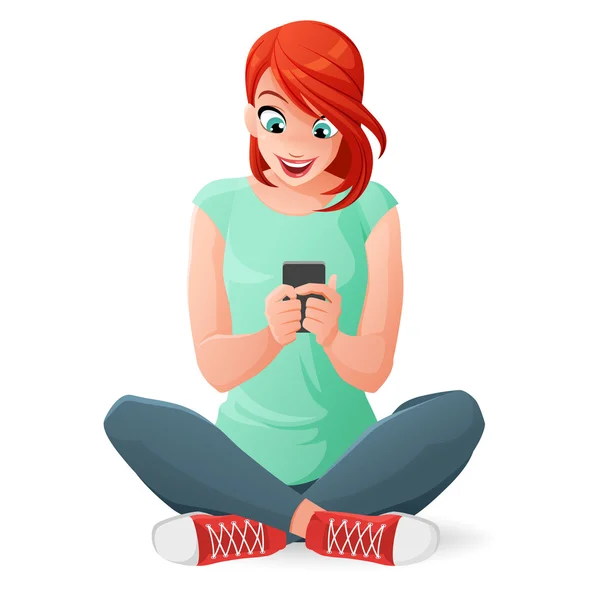 Молодая женщина общается со своим мобильным телефоном. Векторная иллюстрация . — стоковый вектор