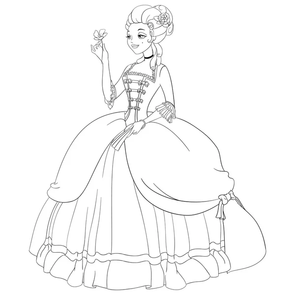 Dame rococo esquissée en robe antique. Coloriage vecteur illu — Image vectorielle