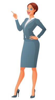 Parmak noktası ile gülümseyen iş kadını. Beyaz arka plan üzerinde izole karikatür vektör çizim.