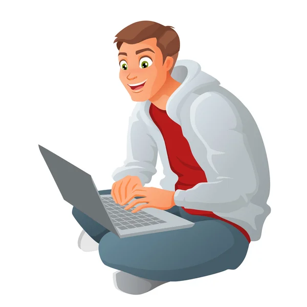 Giovane uomo d'affari con computer portatile seduto sul pavimento. Illustrazione vettoriale del fumetto isolata su sfondo bianco . — Vettoriale Stock